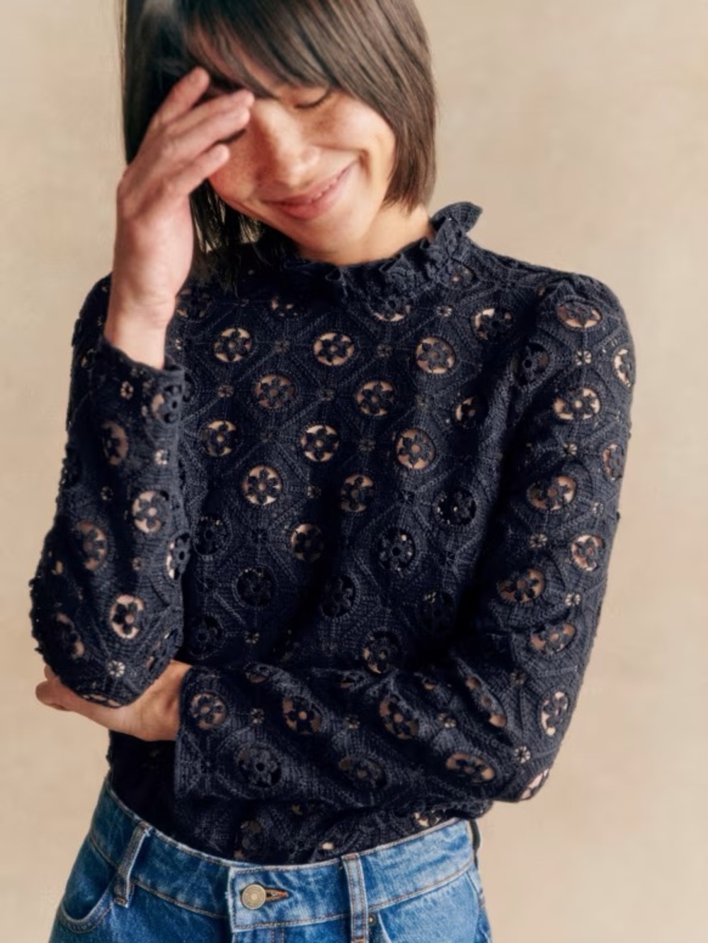 Sézane Florie Navy Guipure Lace Embroidered Blouse